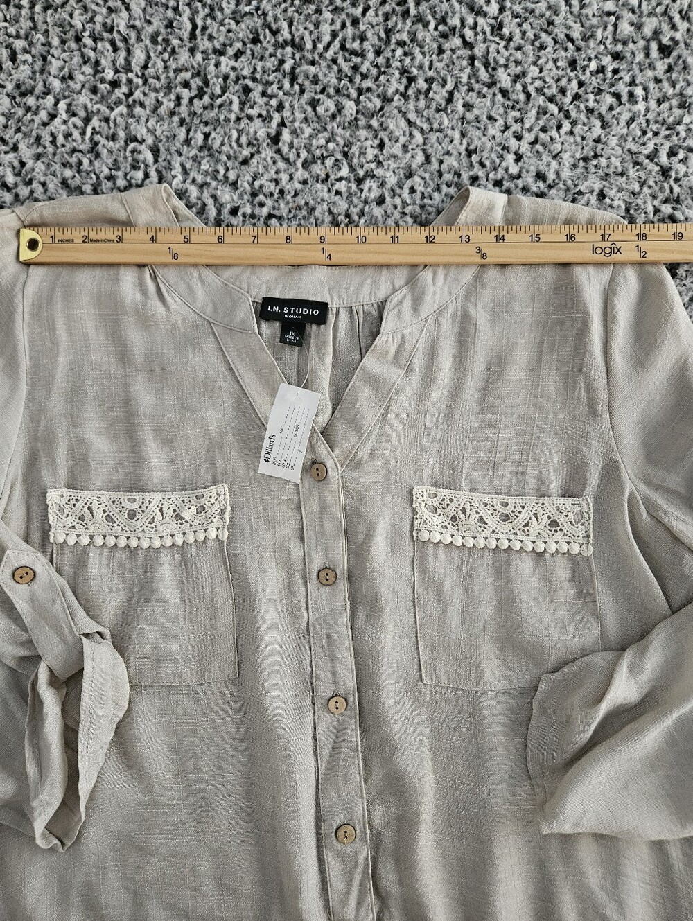 I.N. Studio Taupe Blouse 1X Roll Tab Sleeve Button Front Lace Woman Plus Top - Picture 8 of 14